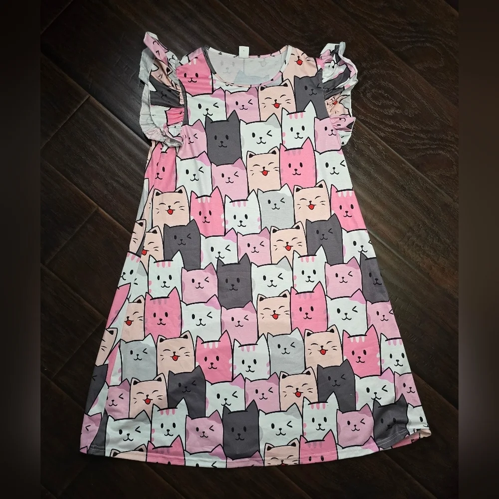Shein Girls Flutter Sleeve Cat Print Casual Dress 11-12Y